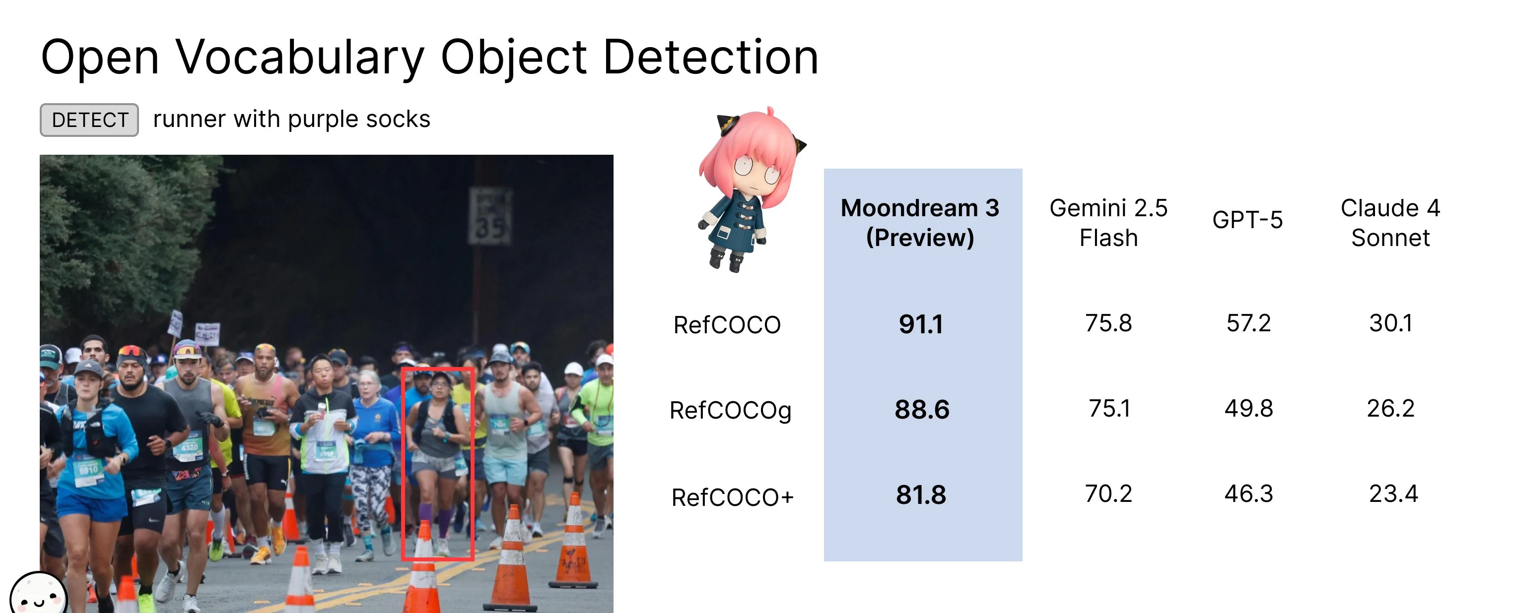 Moondream picking out a person in purple socks from a large crowd